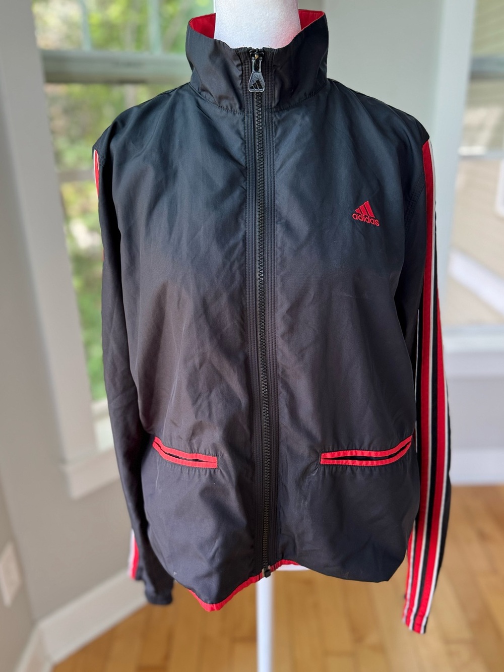 Adidas Black Red Vintage 90s Funnelneck Windbreaker Jacket Size Large